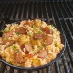 Andouille sausage and chicken in a seasoned sauce and cooked rice. 
Served with a side of corn bread.