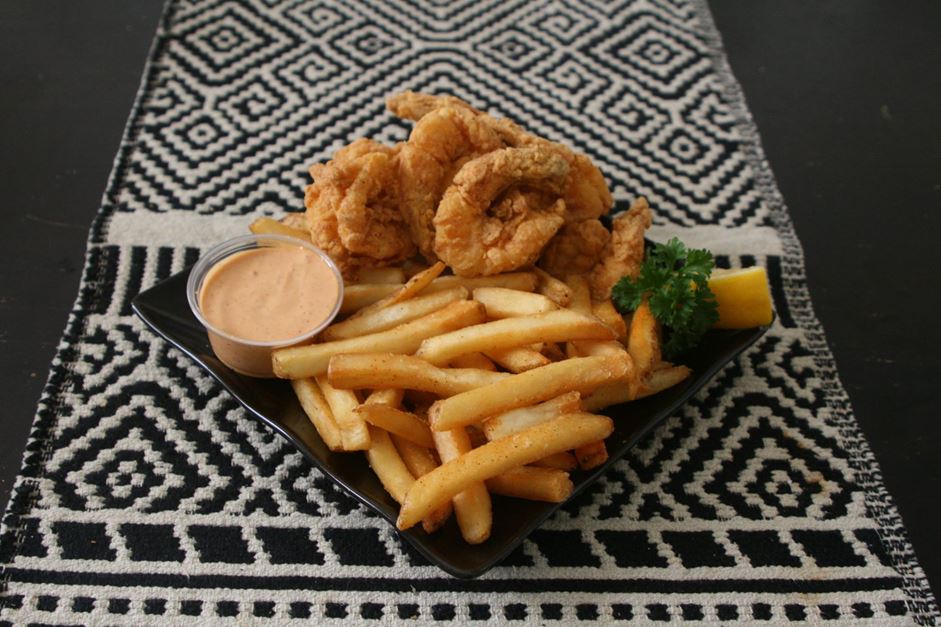 Crispy, seasoned, fried jumbo shrimp served with fresh French fries.
